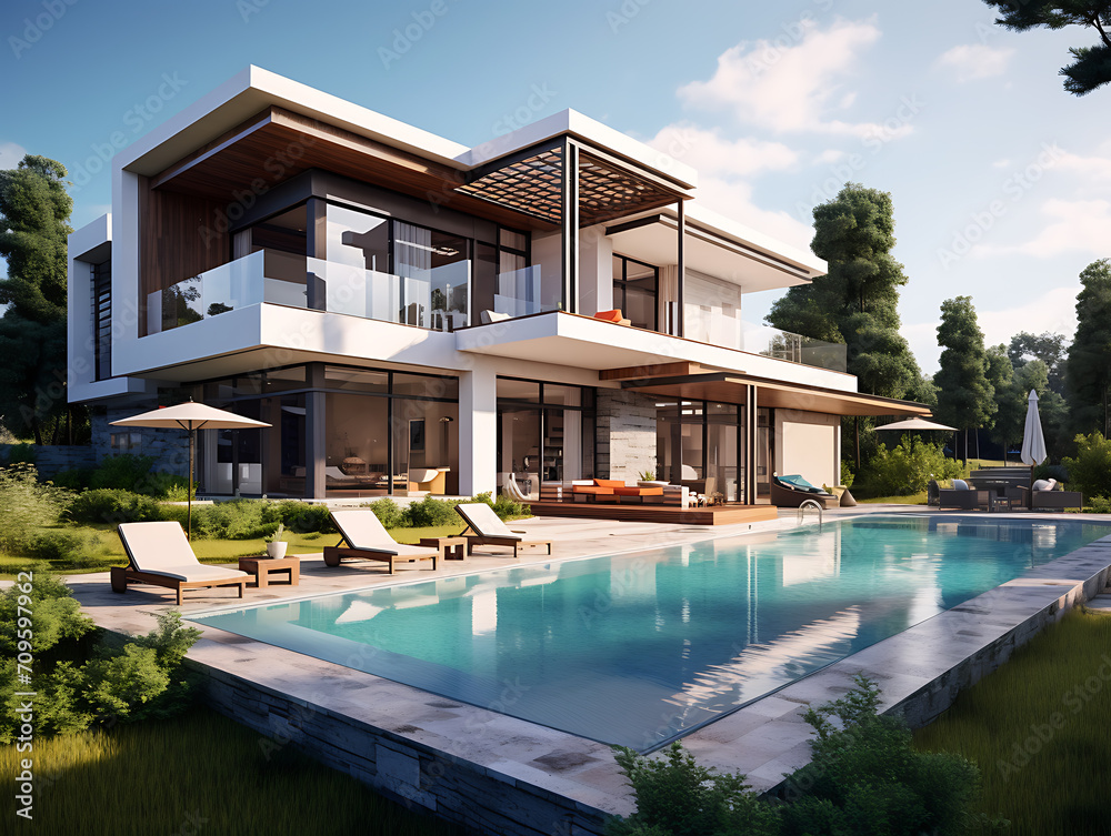 Fototapeta premium Beautiful modern luxury villa with a large swimming pool in front, and blue sky above. Created with Generative AI.