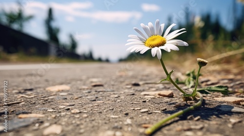  a single daisy sitting on the side of a road next to a grass and dirt covered field with trees in the background. © Nadia