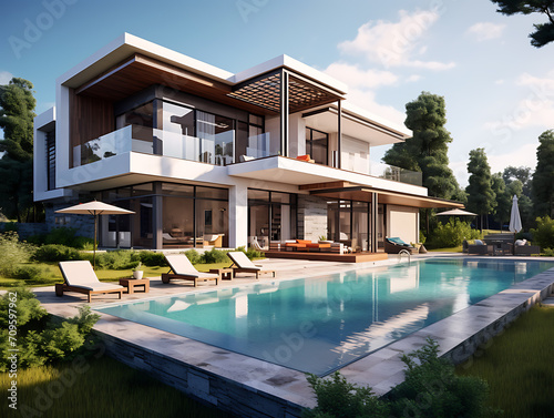 Beautiful modern luxury villa with a large swimming pool in front, and blue sky above. Created with Generative AI.
