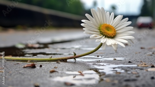  a white flower sitting on the side of a road next to a puddle of water on the side of the road. © Nadia
