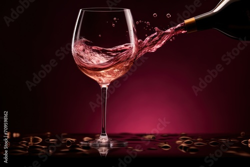  a glass of wine being poured into a wine glass with a bottle of wine in the middle of the glass.