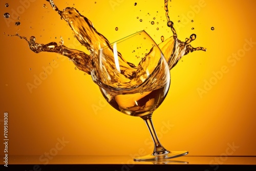  a wine glass with water splashing out of it on a yellow and orange background with a lit candle in the middle of the glass.
