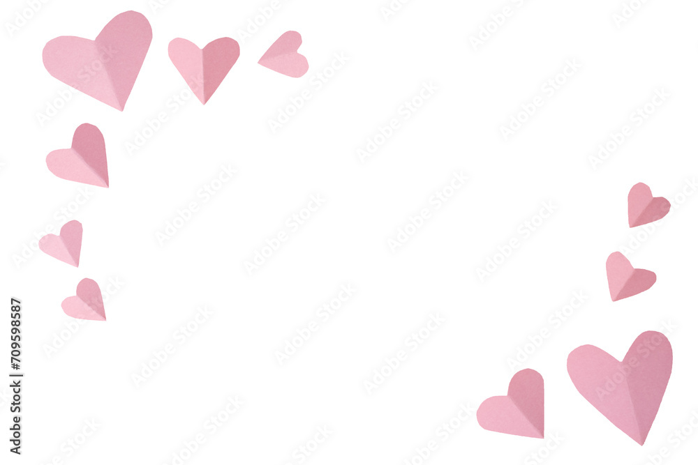 Paper cut pink hearts isolated on white background
