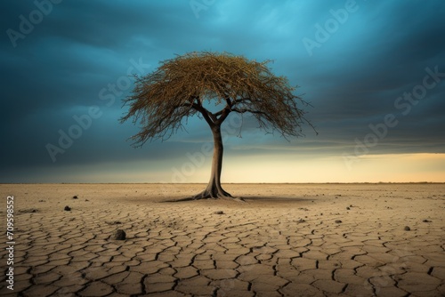  a tree in the middle of a desert with a sky in the background and a few clouds in the sky.