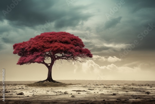  a red tree in the middle of a desert with a cloudy sky in the background and a dirt area in the foreground.