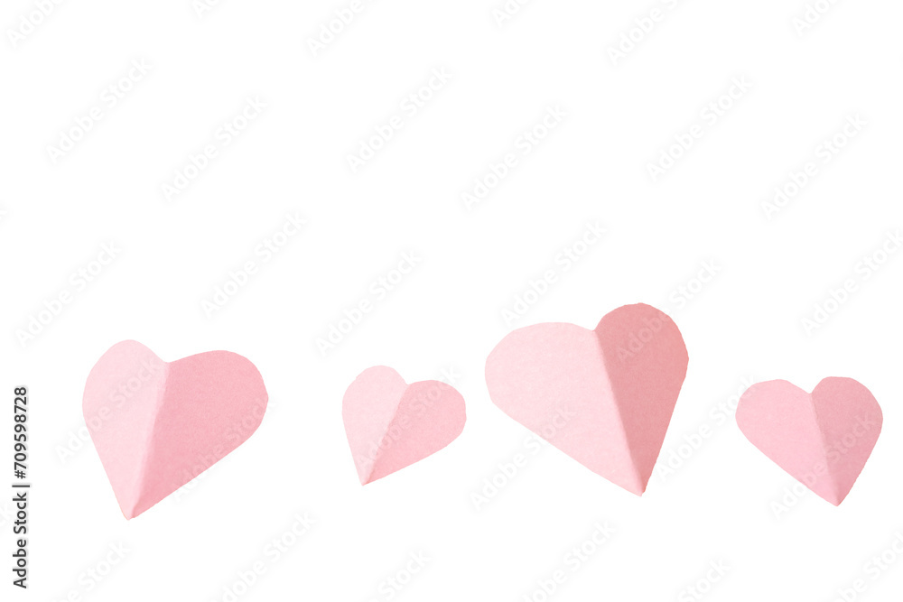Paper cut pink hearts isolated on white background