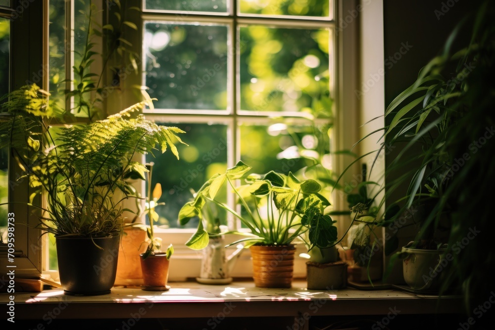  a window sill filled with potted plants on top of a window sill next to a window sill.
