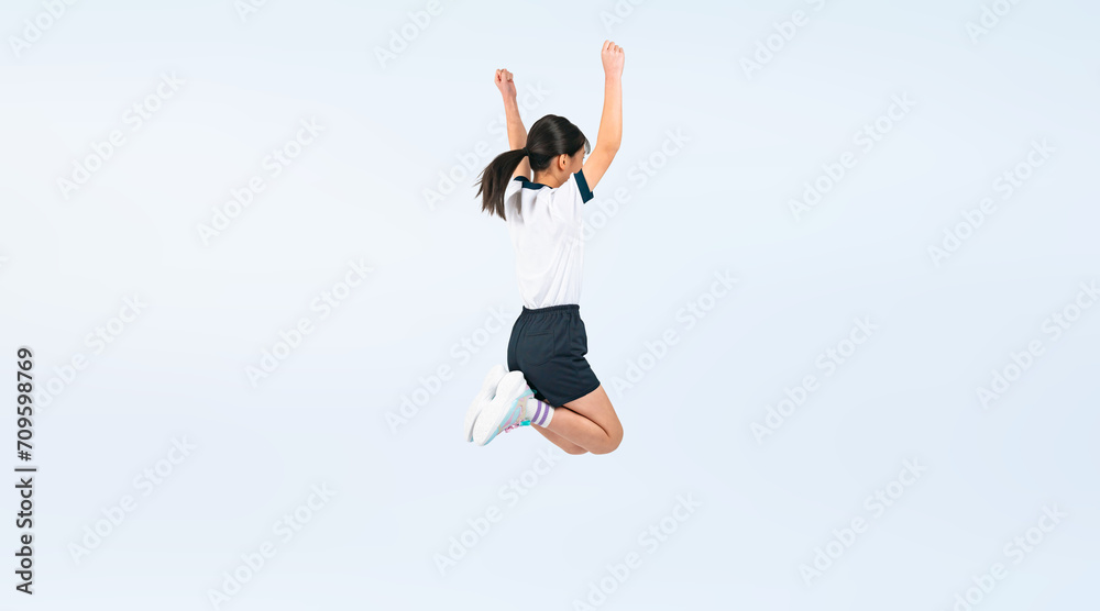 ジャンプする体操服を着た女の子の後ろ姿（切り抜き背景透過PNGも販売しております。作成者リンクから「PNG」で検索してください）