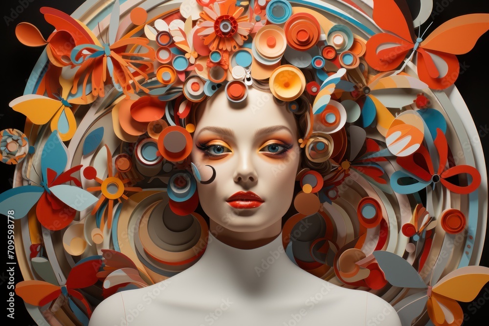  a digital painting of a woman's face with a bunch of circles and flowers on it's head.