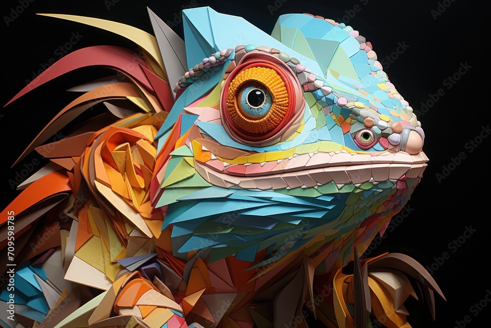 a close up of a colorful paper sculpture of a chamelon with a large orange eye and a black background. a close up of a colorful paper sculpture of a chamelon with a large orange eye and a black background.