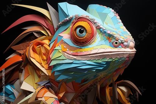  a close up of a colorful paper sculpture of a chamelon with a large orange eye and a black background.