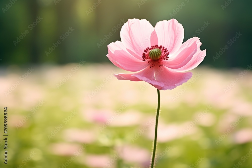 a single pink flower is in a field of green grass and pink flowers are in the foreground and a blurry background is in the background.