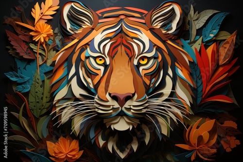  a close up of a tiger s face on a black background with leaves and flowers in the foreground.