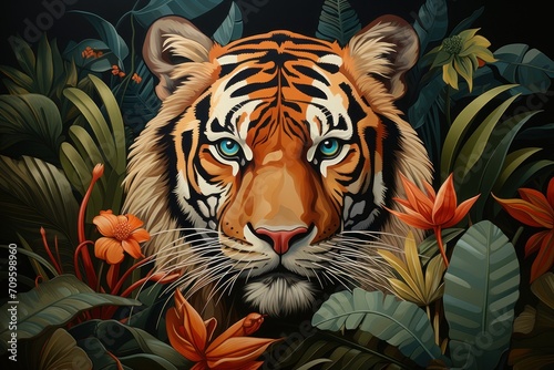  a painting of a tiger with blue eyes surrounded by tropical plants and flowers on a black background with orange and green leaves.