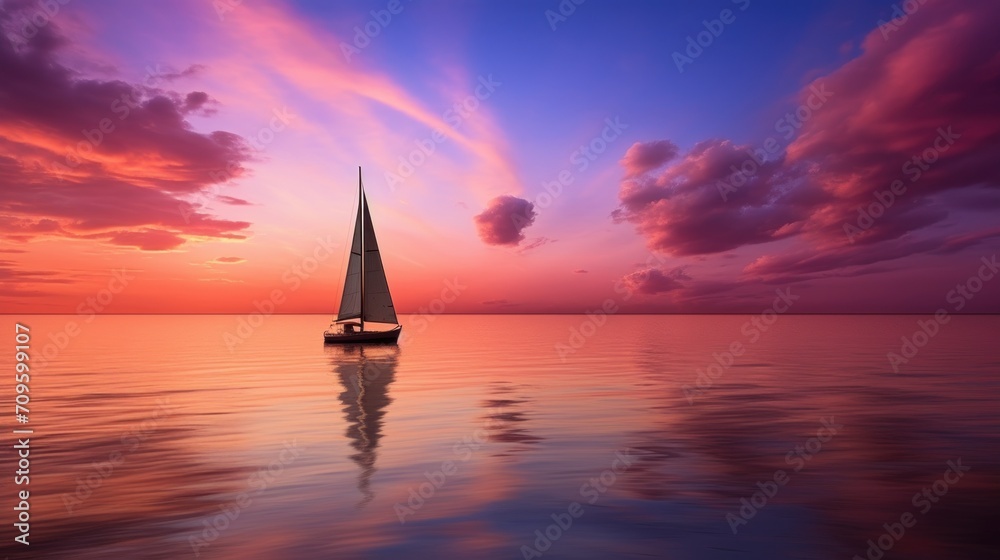  a sailboat floating on top of a large body of water under a purple and blue sky with white clouds.