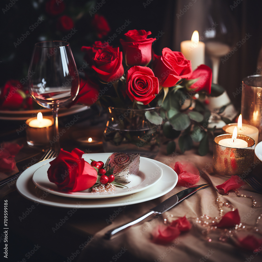 Romantic table setting for Valentines day Generative AI