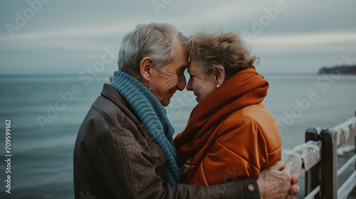 Sharing a romantic moment at the beach. Rearview of a happy senior couple touching their foreheads together on a seaside bridge.