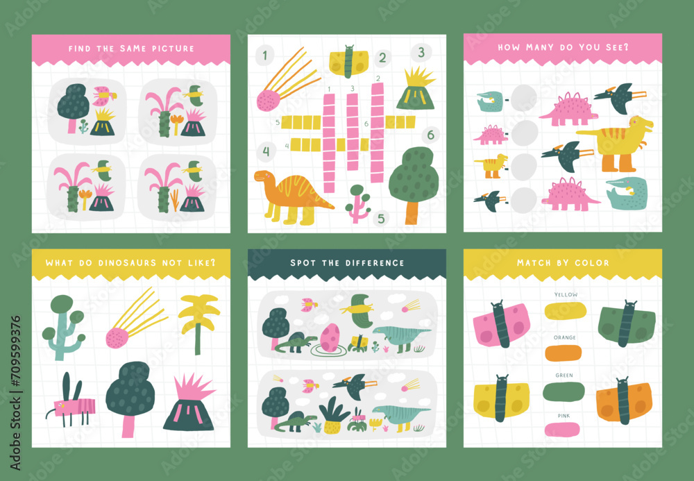 Learn dinos games set for kids. Cute hand drawn doodle funny Jurassic era dinosaur puzzle. Educational worksheet, mind task, riddle, strategy quiz, mental teaser, challenge, brain trainer for children Learn dinos games set for kids. Cute hand drawn doodle funny Jurassic era dinosaur puzzle. Educational worksheet, mind task, riddle, strategy quiz, mental teaser, challenge, brain trainer for children