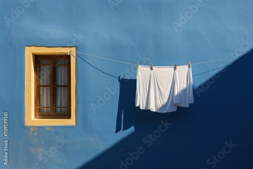  clothes hanging out to dry on a clothes line in front of a blue wall with a window and a window pane. © Nadia