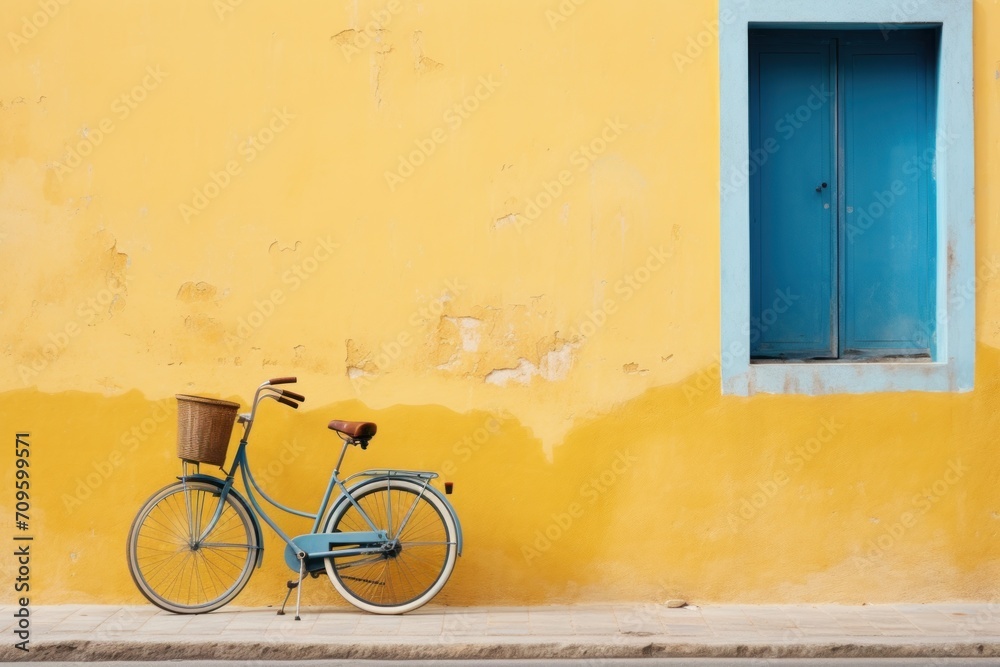 a bicycle parked next to a yellow wall with a blue door and a blue window on the side of the building.