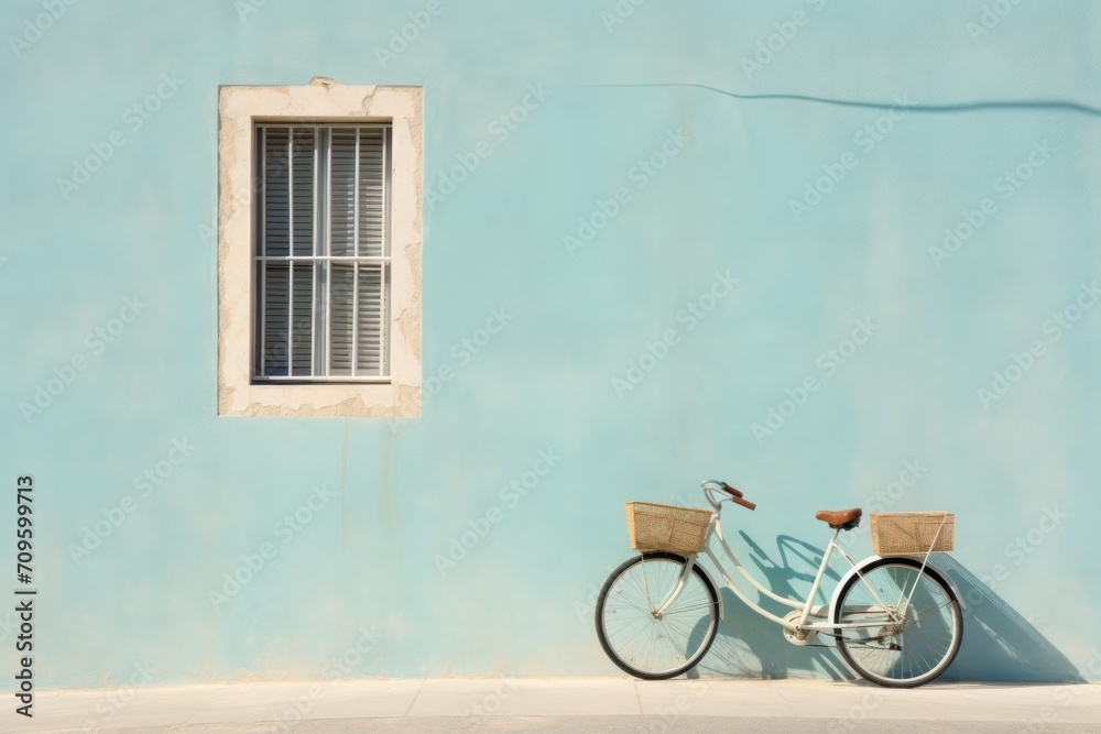  a white bicycle parked next to a blue wall with a window on the side of it and a bird on the front of the bike.