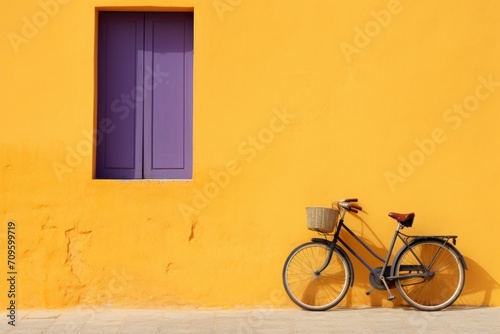  a bike parked next to a yellow wall with a purple window and a basket on the front of the bike. © Nadia