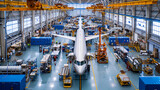 An aerospace manufacturing facility with machinery assembling aircraft components emphasizing precision and innovation.