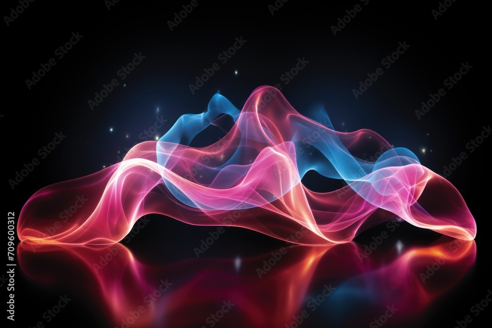 a blurry image of a pink and blue wave on a black background with a reflection of the wave in the water. a blurry image of a pink and blue wave on a black background with a reflection of the wave in the water.