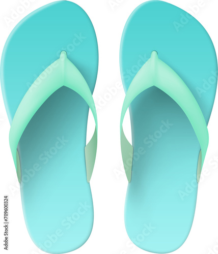 Realistic flip flops model. Summer shoes top view. Blank beach sandals. Rubber bathing footgear. Foot wear accessory. Blue plastic sole. Summertime clothing. Vector footwear mockup