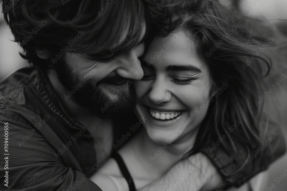 Black and white image of a happy couple embracing and laughing together.