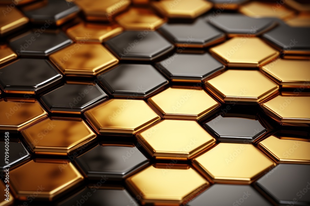 a close up view of a shiny gold and black hexagonal tile pattern that looks like hexagonal cubes. a close up view of a shiny gold and black hexagonal tile pattern that looks like hexagonal cubes.