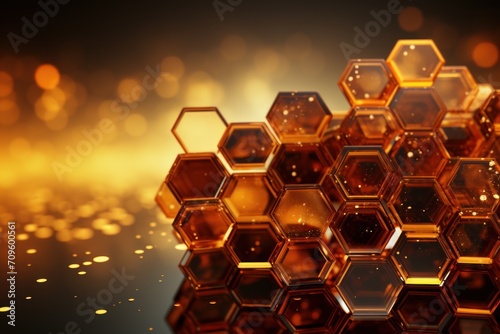  a bunch of glass hexagonals sitting on top of each other in front of a yellow and black background. photo