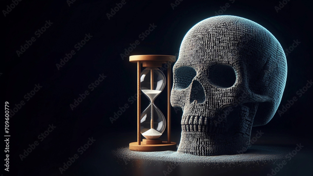 Illustration of a digital skul and a sand clock Hourglass. - obrazy, fototapety, plakaty 