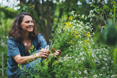 Woman cutting wild flowers in the summer garden. Summer fragrant herbs for health care