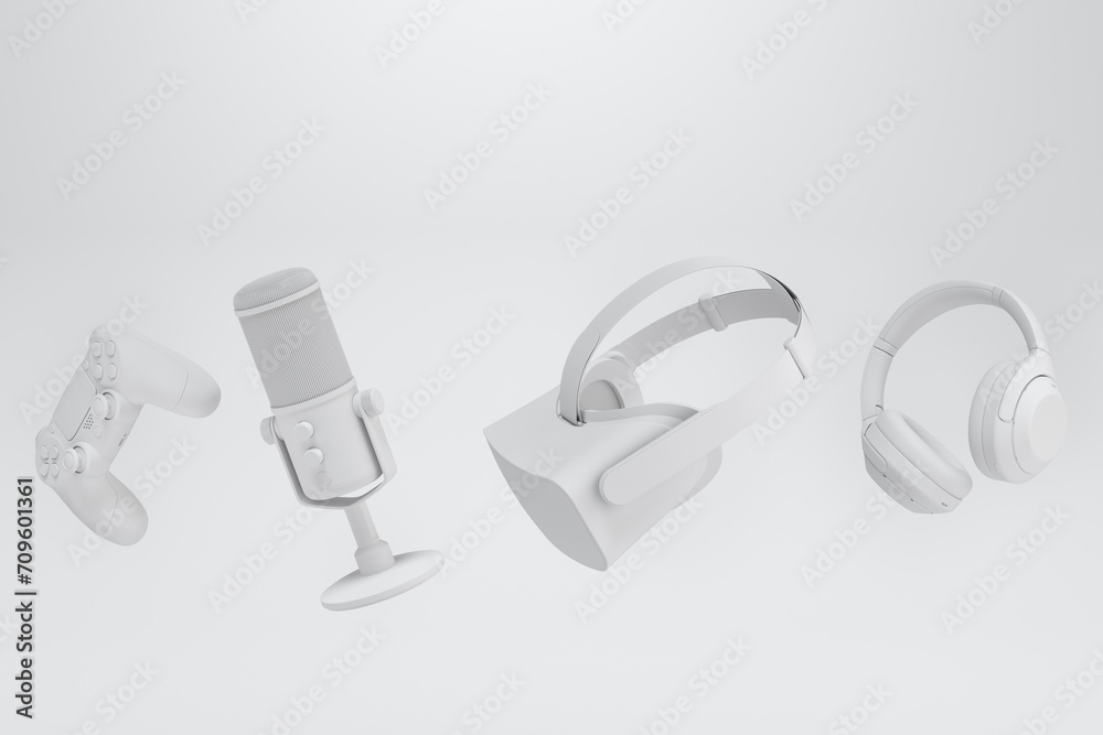 Top view gamer gears like joystick, keyboard, headphones and microphone Top view gamer gears like joystick, keyboard, headphones and microphone