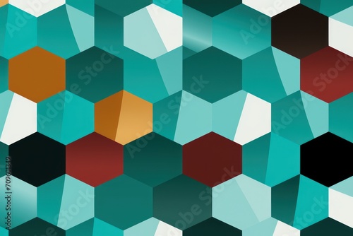  a colorful pattern of hexagonal shapes on a teal green and white background with a red center in the middle of the hexagonal hexagonal hexagonal pattern.
