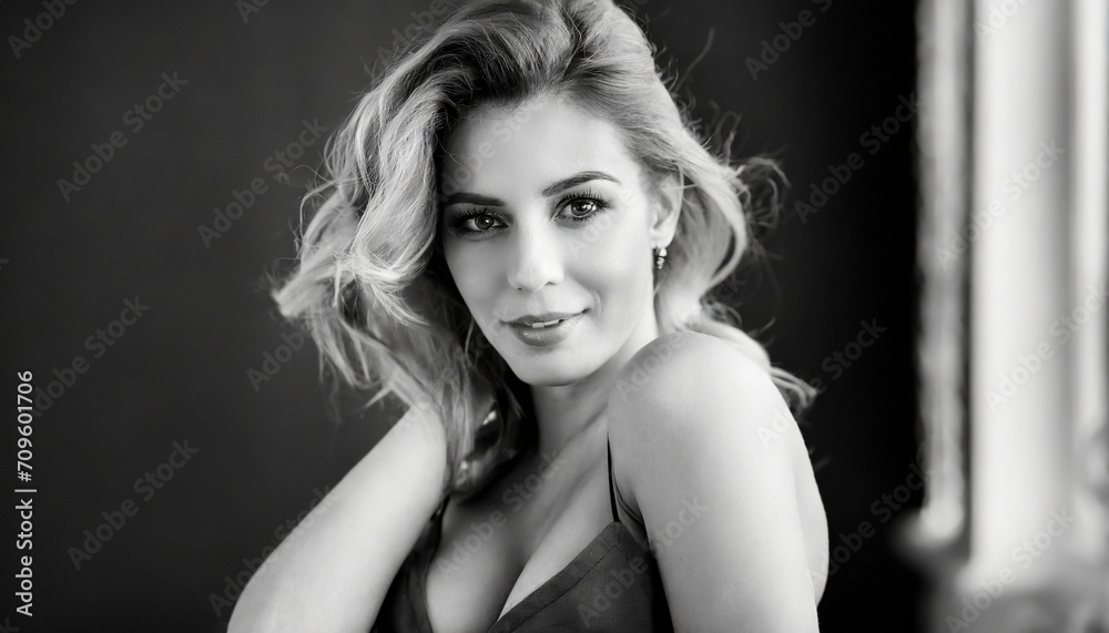 Naklejka premium Black and white closeup of a beautiful young woman looking straight ahead