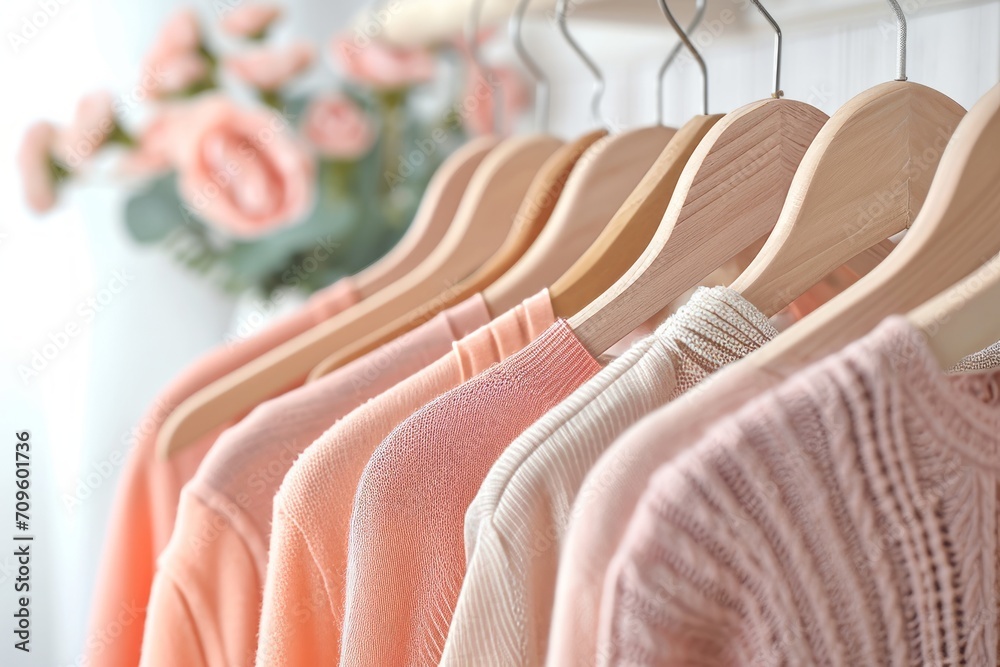 Obraz premium Hangers with woman's pastel colors clothes in a clothing store or wardrobe. Concepts: fashion, showroom, sale, decluttering, order in the house, organization of space, choice