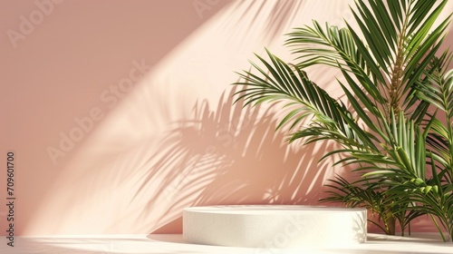 Minimal abstract background with shadow of tropical palm leaves. Podium on a peach wall. © Дмитрий Баронин