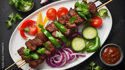 Barbecue Beef Kebab with green pepper nd yellow paper patato on white background