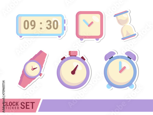 Illustration of cute digital and analog clocks in sticker style. Clock vector sticker.