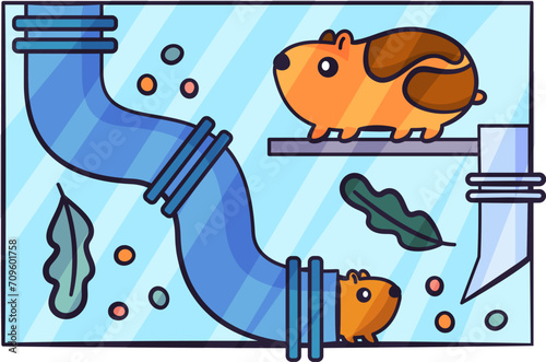 Pets accessories. Hamsters in cage. Veterinary equipment. Feeder or drinker bowl. Vet shop. Domestic small animal. Home rodents. Mice in labyrinth tunnel. Vector glass carrier for gnawers