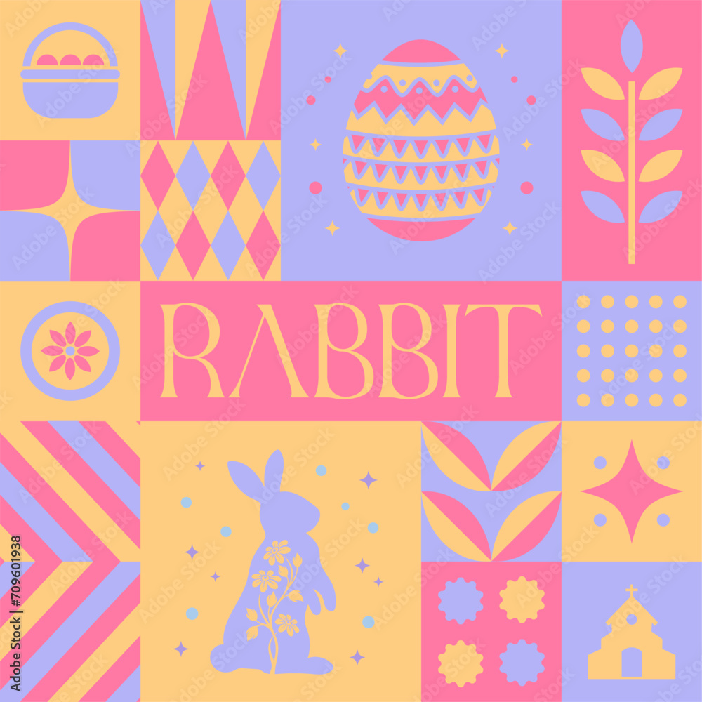 Easter Rabbit seamless pattern in scandinavian style postcard with Retro clean concept design