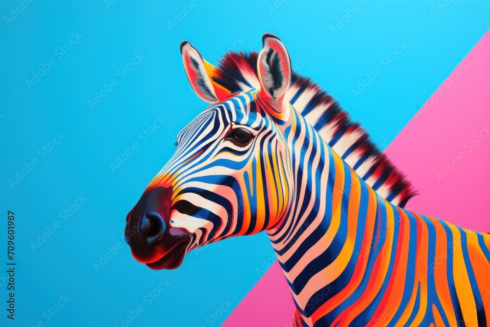  a colorful zebra standing in front of a blue, pink, and pink background with a blue sky in the background.