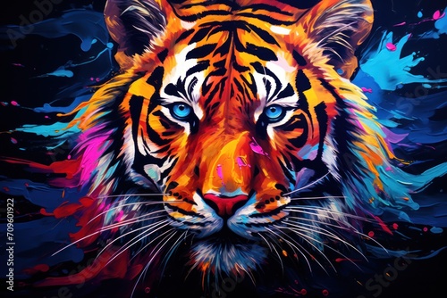  a painting of a tiger s face with blue eyes and orange  yellow  pink  and purple colors.