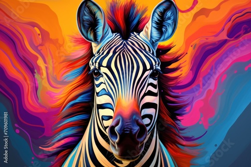  a close up of a zebra's face in front of a multicolored background with swirls in the background.