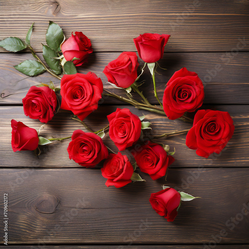 Red roses flowers with red hearts on old wooden background with place for text. Romantic Valentines holidays concept. Valentine's day greeting card. Copy space. Top view. Generative AI