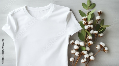 Eco-Friendly White T-Shirt and Cotton Flowers: A Sustainable Lifestyle Concept on Isolated Background