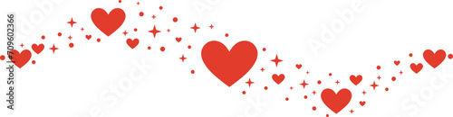 Red valentine day celebration clip art wave, greeting banner concept, hand drawn design with heart and stars, isolated