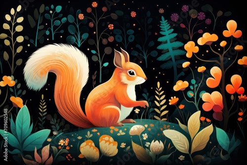  a painting of a red squirrel sitting in the middle of a forest with flowers and leaves on a black background.